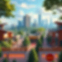 Illustration of a walkable private town with streets, local shops, and green spaces near a city skyline.