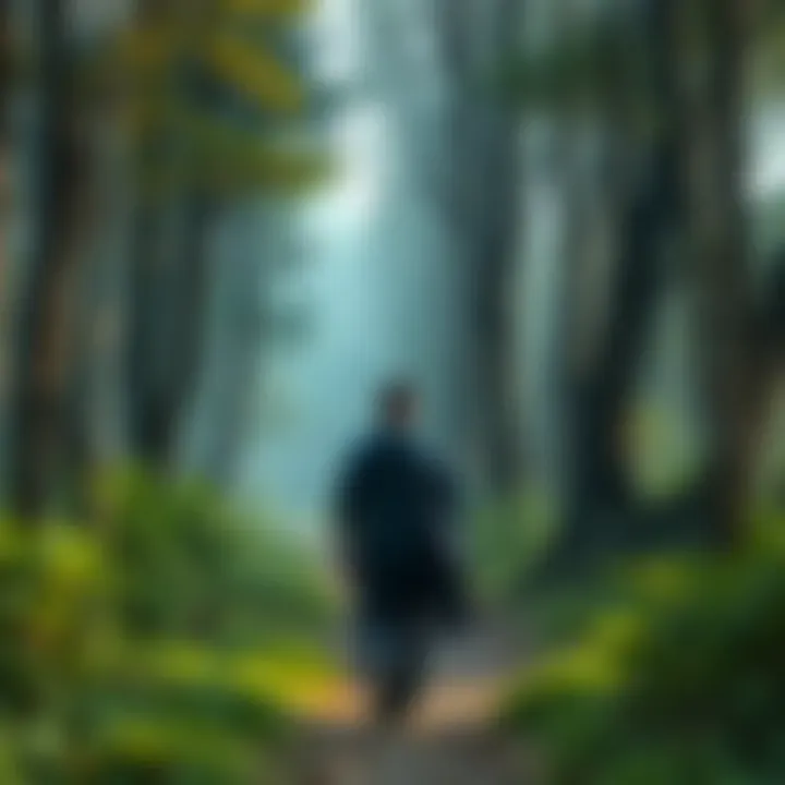 A person walking on a forest path, surrounded by faint images of ancestors in the trees, representing guidance and connection to the past.