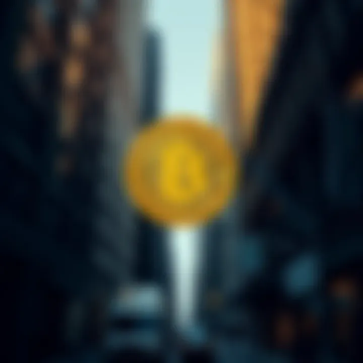 Wall Street buildings with a Bitcoin symbol in the foreground, showing the shift towards cryptocurrency in finance.