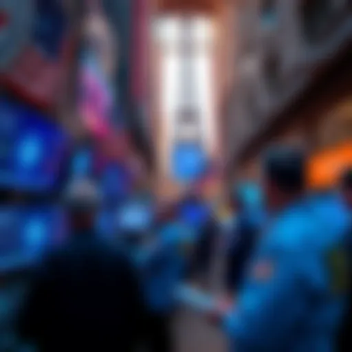 A bustling Wall Street scene with traders looking at screens displaying cryptocurrency prices and AI graphics, highlighting the shift to a machine economy.