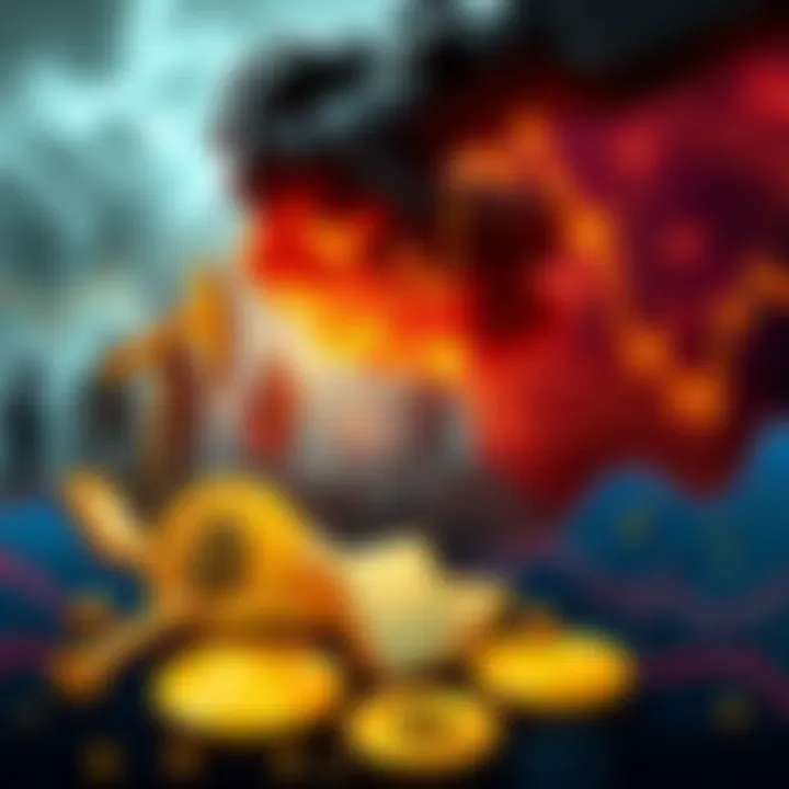 A graphic showing rising oil prices, gold bars, and cryptocurrency symbols against a backdrop of conflict imagery.