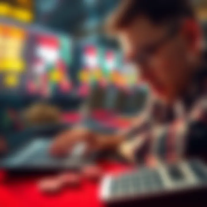 A person looks worried while examining cryptocurrency charts on a laptop, surrounded by empty poker chips and a calculator, symbolizing financial risk.
