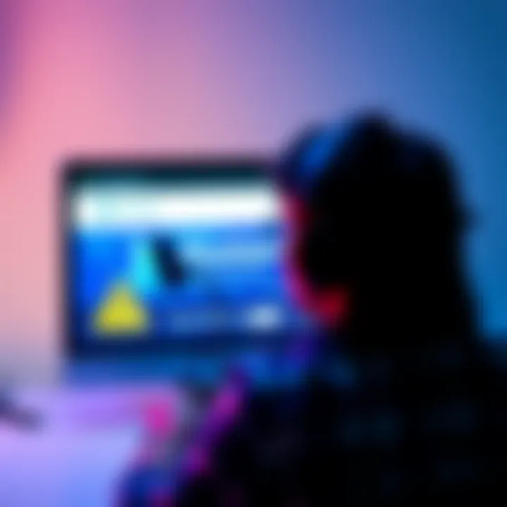 A person looking at a computer screen showing a fraudulent BlueWallet website with a warning sign