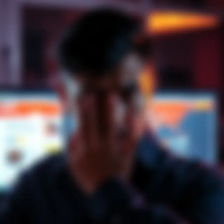 A distressed person looking at a computer screen showing HTX Exchange webpage, concerned about lost funds and lack of support