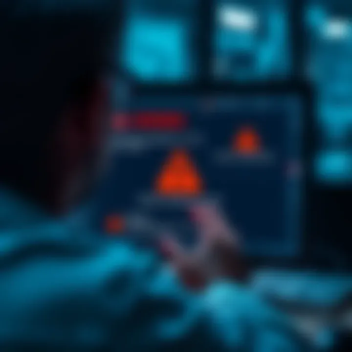 A person looking at warning messages on a computer screen, indicating scams in forum messages