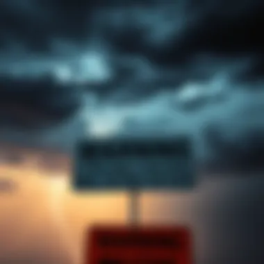 A warning sign with bold text stands against a stormy sky, symbolizing urgent predictions. The background shows dark clouds and flashes of lightning, representing uncertainty.