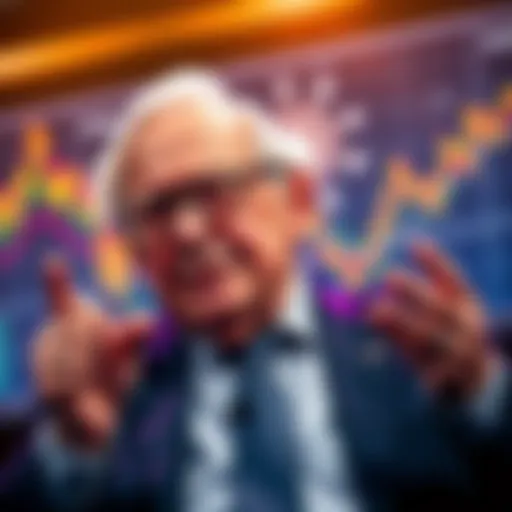 Warren Buffett gives a speech about the future of currency with graphs in the background