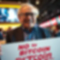 Warren Buffett smiling while holding a sign that says 'No to Bitcoin,' highlighting his stance against cryptocurrency.