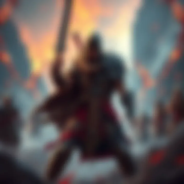 A fierce warrior standing in a battle stance, sword raised, ready for combat in a vibrant fantasy setting.