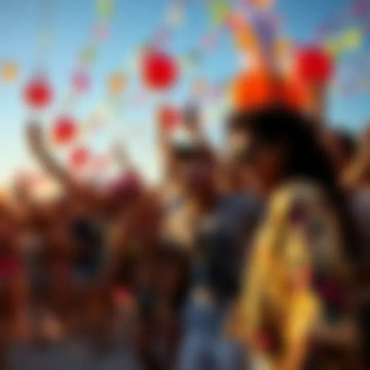 A group of diverse people celebrating and enjoying a vibrant beach party with colorful decorations and lively energy.
