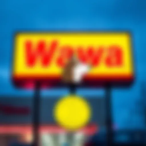 Wawa sign with Dogecoin logo Wawa store sign featuring Dogecoin logo as a new payment option