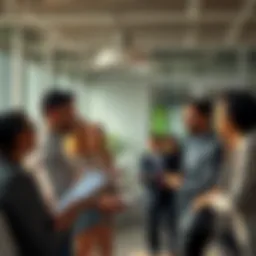 A group of people in modern attire engaging in a lively discussion about financial strategies and wealth trends in a bright office setting