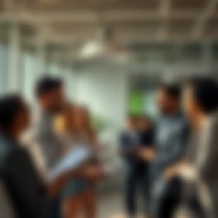 A group of people in modern attire engaging in a lively discussion about financial strategies and wealth trends in a bright office setting