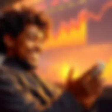 A person joyfully reviewing their Solana tokens and financial charts, symbolizing wealth growth in cryptocurrency.