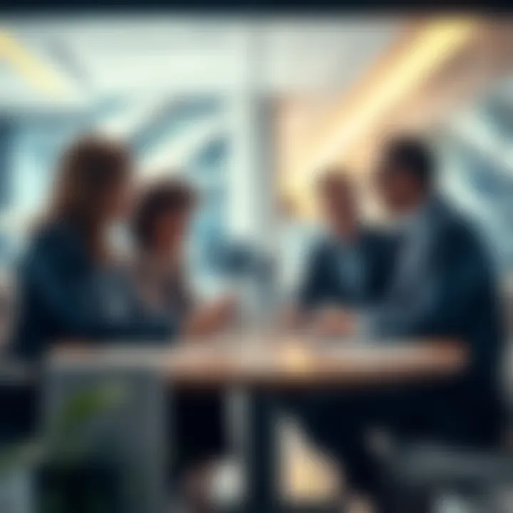 A group of wealthy individuals discussing an exit tax proposal in a modern office setting
