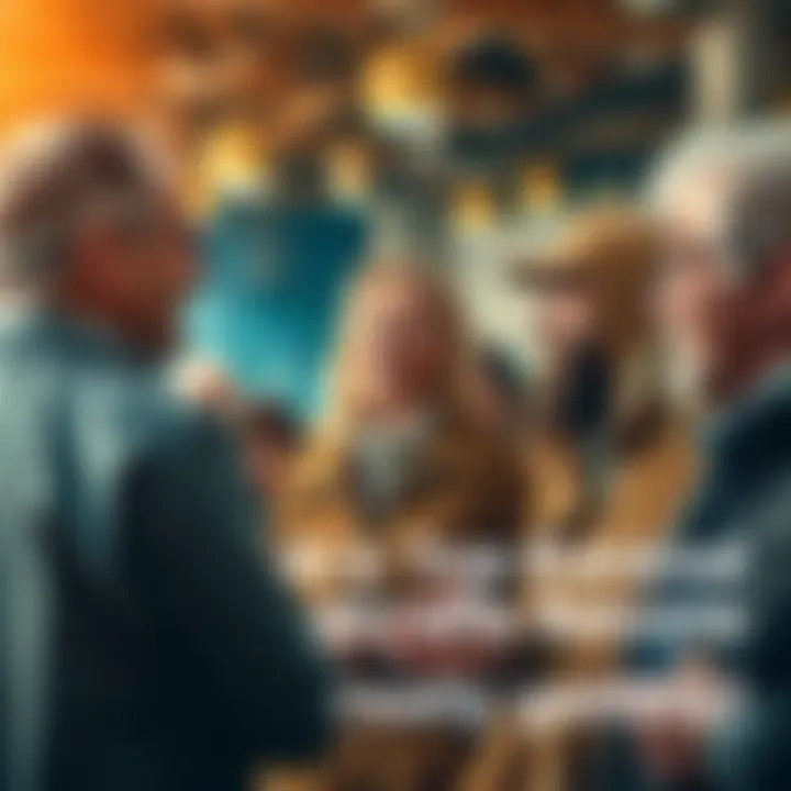 A group of wealthy people interacting with community members at a local event, discussing their roles and impact in society