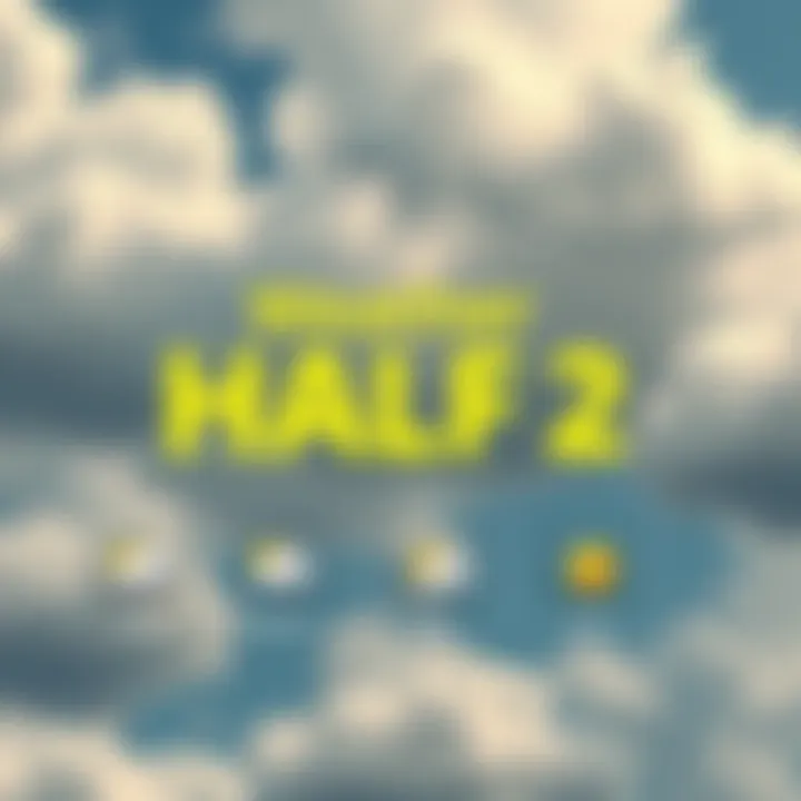 A graphic showing current weather conditions for Half 2, including clouds and sun icons