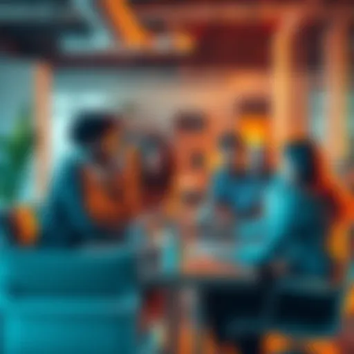 A group of diverse professionals discussing strategies for client acquisition in a modern office setting