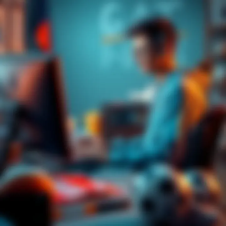 A passionate Web3 developer working on a computer, surrounded by sports equipment and digital assets like NFTs, focusing on helping young athletes.