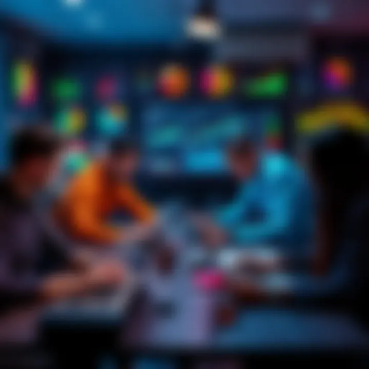 A group of diverse developers discussing project ideas on laptops, surrounded by charts and digital screens, representing Web3 development.