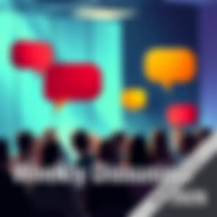 Group of people engaged in a lively discussion with speech bubbles around them