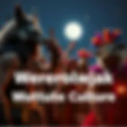 A group of people dressed in Werewolfjak attire, celebrating under a full moon, showcasing vibrant costumes and community spirit.