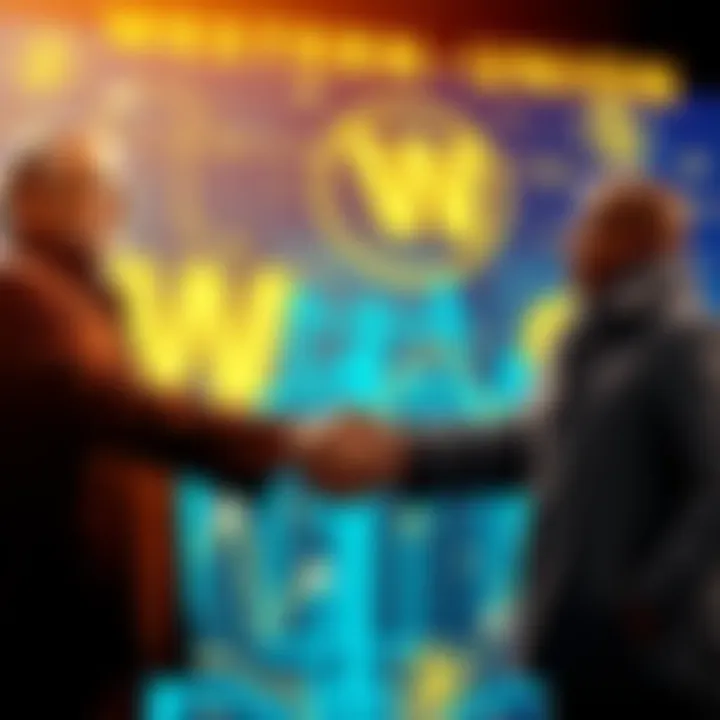 Representatives from Western Union and Solana shaking hands with digital currency symbols in the background