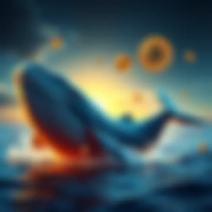 A large whale symbolically representing big investors in Bitcoin strategically buying and selling cryptocurrency, causing price fluctuations in the market.