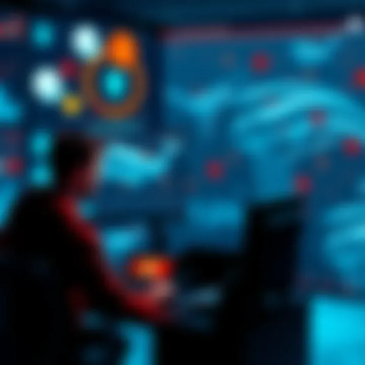 A person analyzing their cryptocurrency tokens on a computer, with graphics of tokens and whales in the background