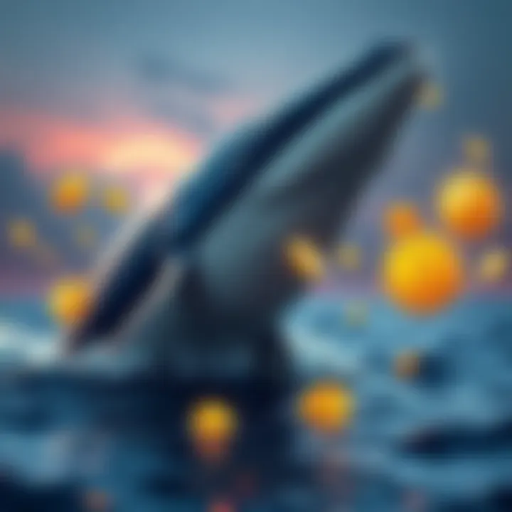 A visual of a large whale in the ocean symbolizing a big seller in the bitcoin market, with bitcoins floating around it, illustrating market fluctuations.