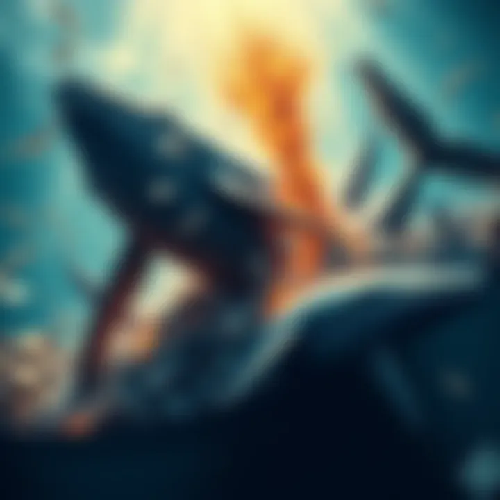Large investors, symbolized as whales, gathering financial assets during a market downturn.