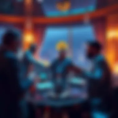 A group of high-net-worth individuals discussing Bitcoin purchases at a luxurious setting, emphasizing their financial freedom.