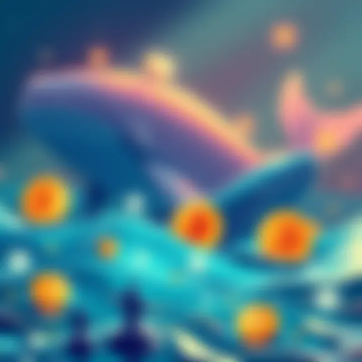 Illustration of large whale figures representing major players in cryptocurrency, with smaller figures symbolizing Michael Saylor and Tom Lee, surrounded by Bitcoin and Ethereum symbols.