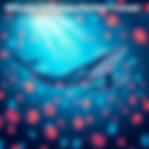 Illustration of whales swimming in a sea of cryptocurrency symbols, representing their control over market movements,