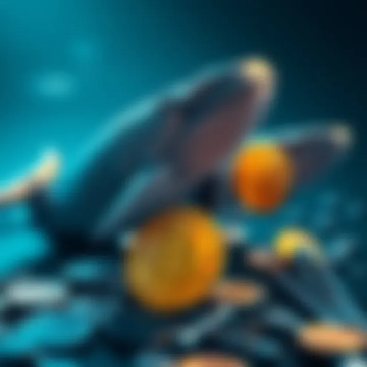 A graphic showing whale figures pulling down on Bitcoin symbols, indicating increased selling pressure in the market.