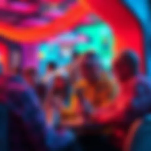 A colorful scene showcasing players enjoying simple games on their devices, with a PFP bot representing dynamic identities in a vibrant community.