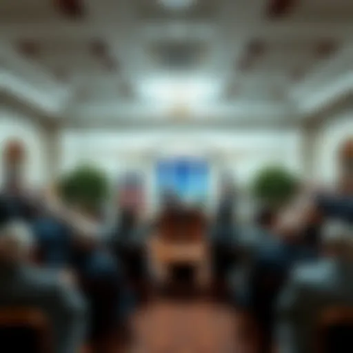 The White House press briefing room with officials discussing stablecoin regulations and financial stability, showing a sense of reassurance among attendees.