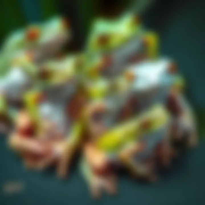 A group of white tree frogs showing different sizes and shades of green and white, highlighting their age differences.