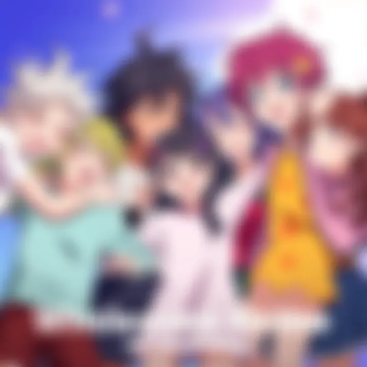 A group of cheerful anime characters sharing a fun moment, representing friendship and joy in a colorful setting.
