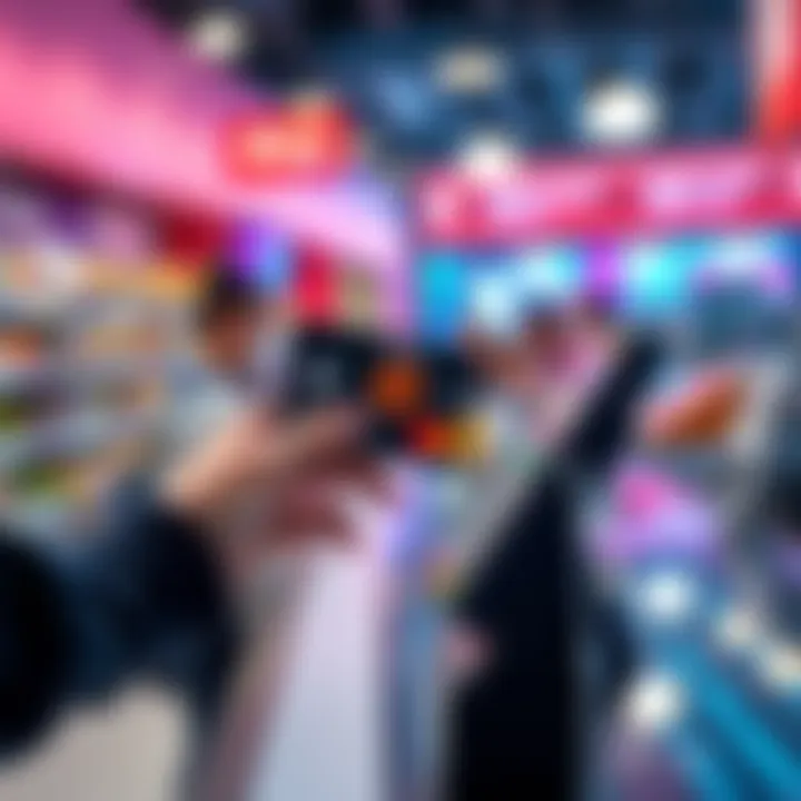 A person holding a card with a stablecoin logo, showing ease of use at a checkout counter with a digital payment terminal.