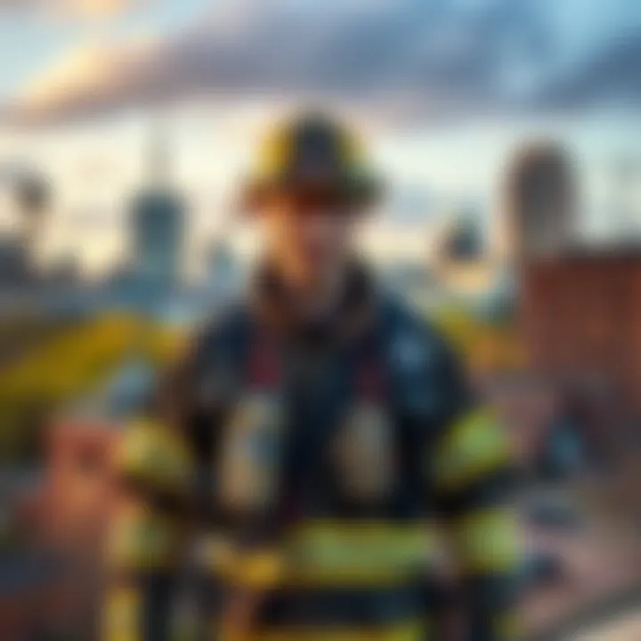 A wildland firefighter in uniform standing in front of a Nashville skyline, ready for deployment, with a backdrop of trees and city buildings.