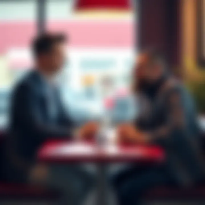 Will and Barry on their blind date Will, a neatly dressed man, sits across from Barry, an awkward but kind man, at a cozy restaurant table during a blind date. Both appear engaged in conversation with mixed emotions.