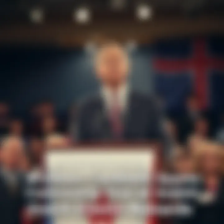A political candidate speaking at a podium with a concerned crowd in the background in Windsor.