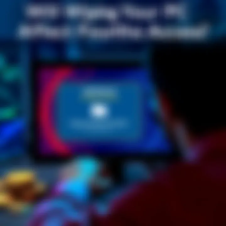 A person looking at their computer screen with a warning about wiping the PC and access to crypto assets on a digital wallet like Metamask, surrounded by crypto coins.