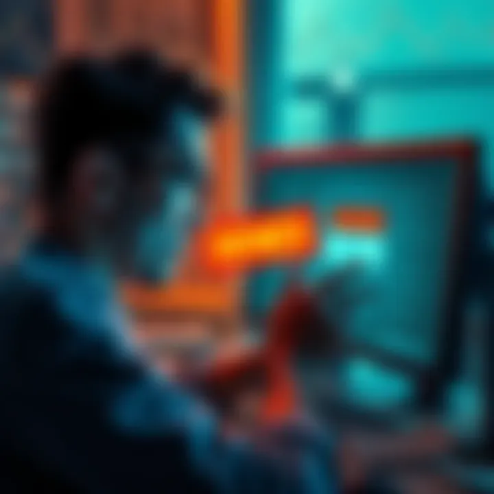 A frustrated person looking at their computer screen with a blocked withdrawal message, highlighting a $95 transaction issue, surrounded by financial documents