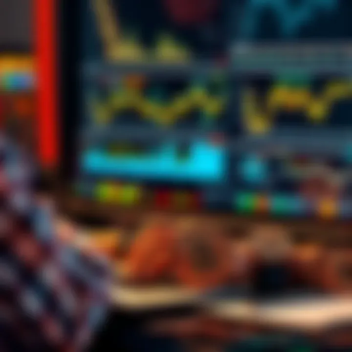 A person calculating taxes on Bitcoin profits while looking at charts and graphs on a laptop