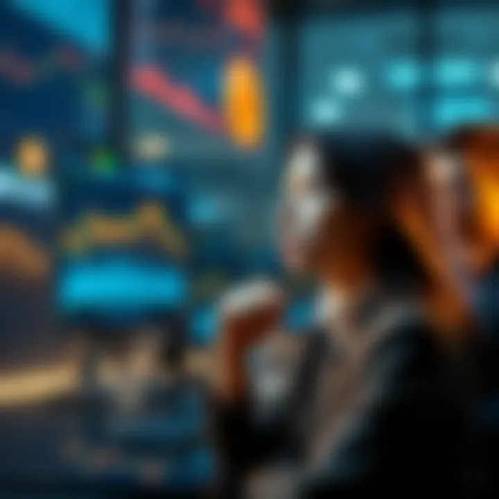 A woman looking at a computer screen showing Bitcoin prices, with a thoughtful expression. Her partner looks concerned in the background, emphasizing investment caution.