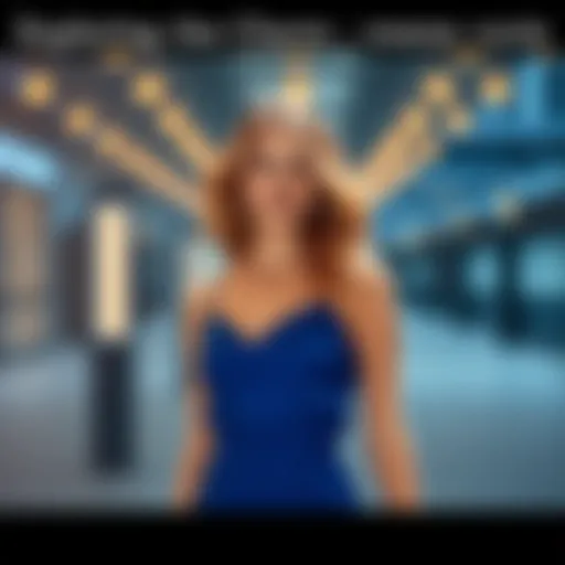 A woman stands confidently in a stylish blue dress, showcasing the latest fashion trend.