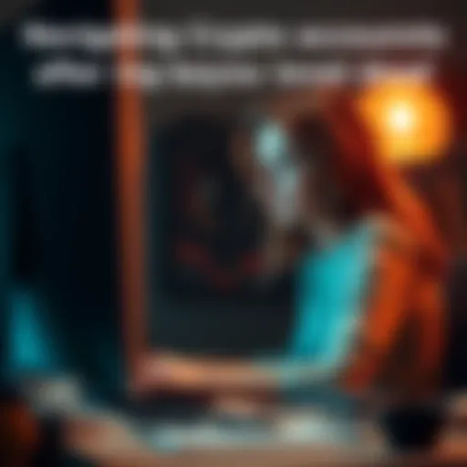 A woman sitting at a desk, looking at her computer with concern, trying to access cryptocurrency accounts after a loved one's death