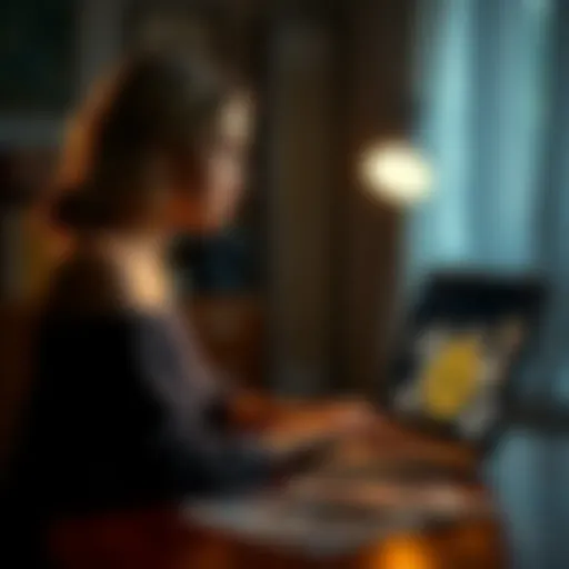 A woman sitting at a desk, looking thoughtfully at a laptop with old photos and a Bitcoin logo on the screen, representing her past as a dominatrix and thoughts of lost Bitcoin.